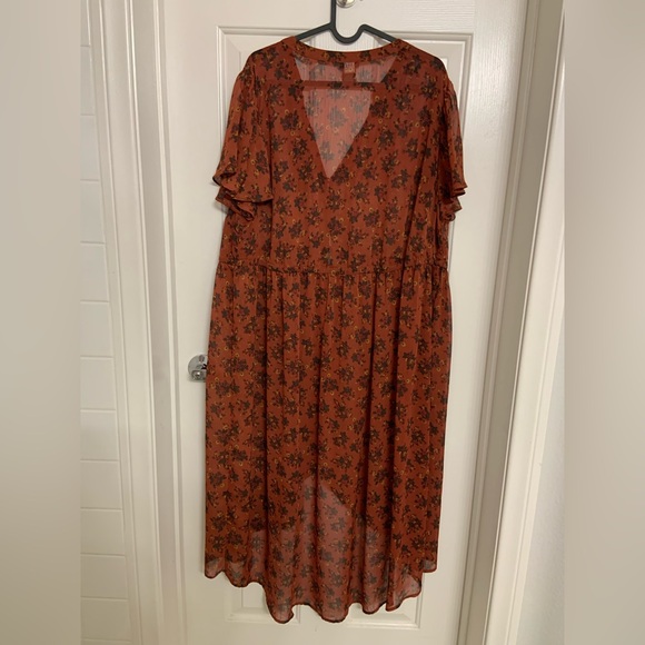 Torrid High Low Tunic Dress Terracotta Rust Sheer Floral Buttons Open Front 2X - Picture 2 of 4